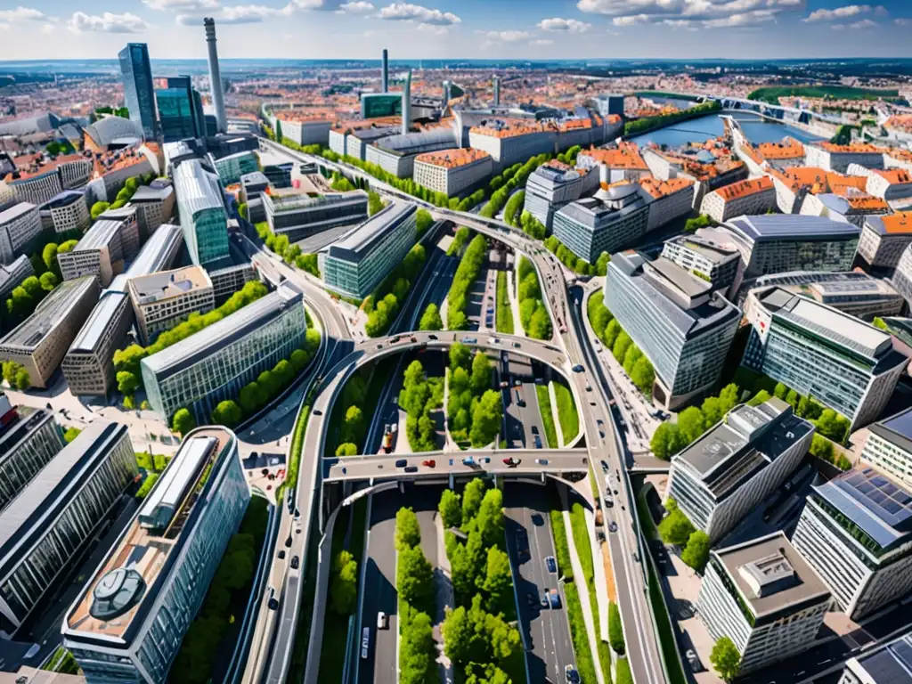 Vista panorámica de una ciudad europea con infraestructura sostenible, reflejando la legislación de economía circular en Europa