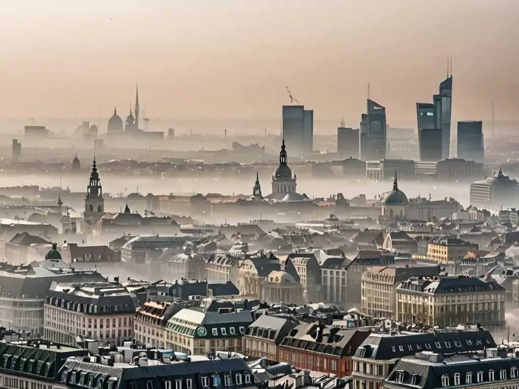 Vista panorámica de una ciudad europea con smog, resaltando la necesidad del Funcionamiento ETS UE comercio emisiones para abordar la contaminación ambiental