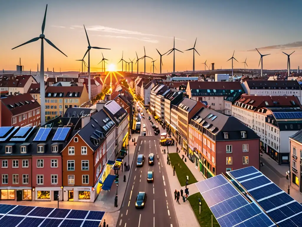 Vista panorámica de una ciudad europea al atardecer, con turbinas eólicas y paneles solares, simbolizando la neutralidad de carbono en la UE