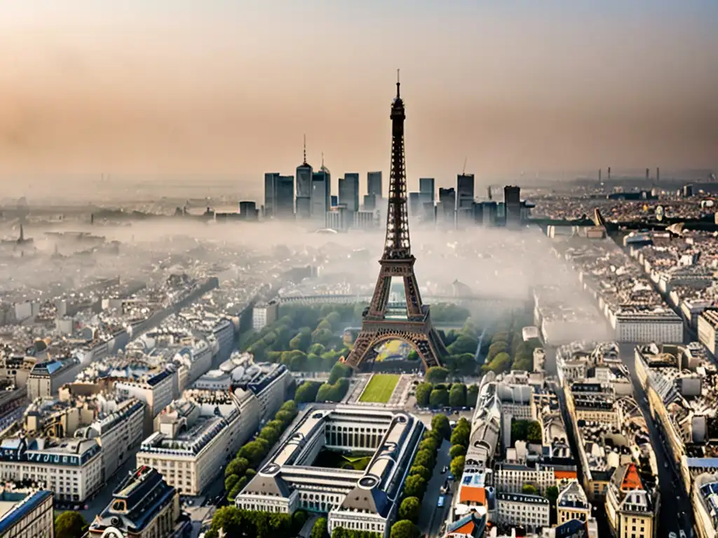 Vista panorámica de ciudad europea con smog, impacto del Protocolo de Kioto en cambio climático