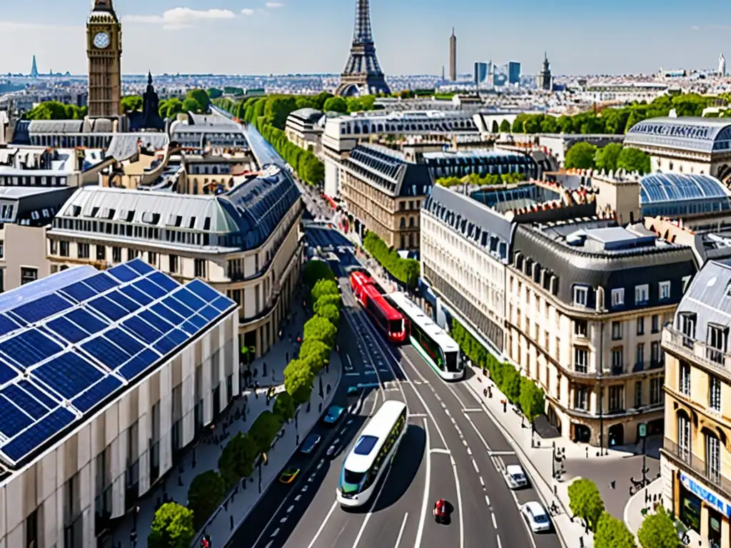 Vista panorámica de una ciudad europea con energía sostenible y monumentos icónicos