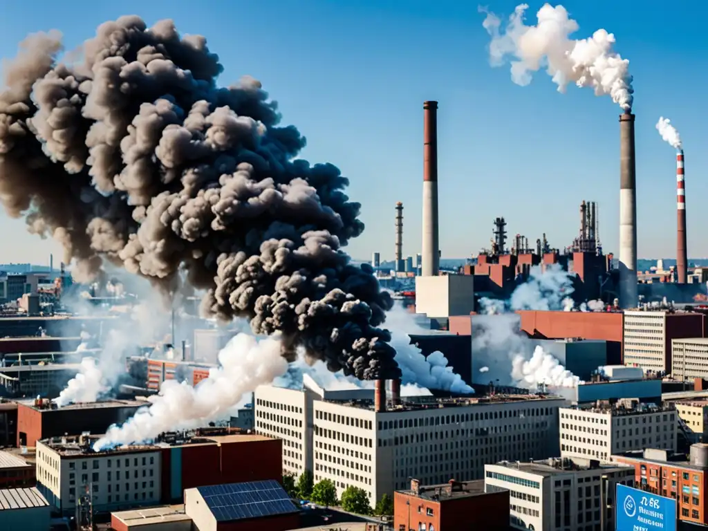 Vista panorámica de una ciudad con fábricas emitiendo humo, mientras activistas sostienen pancartas por el Funcionamiento ETS UE comercio emisiones