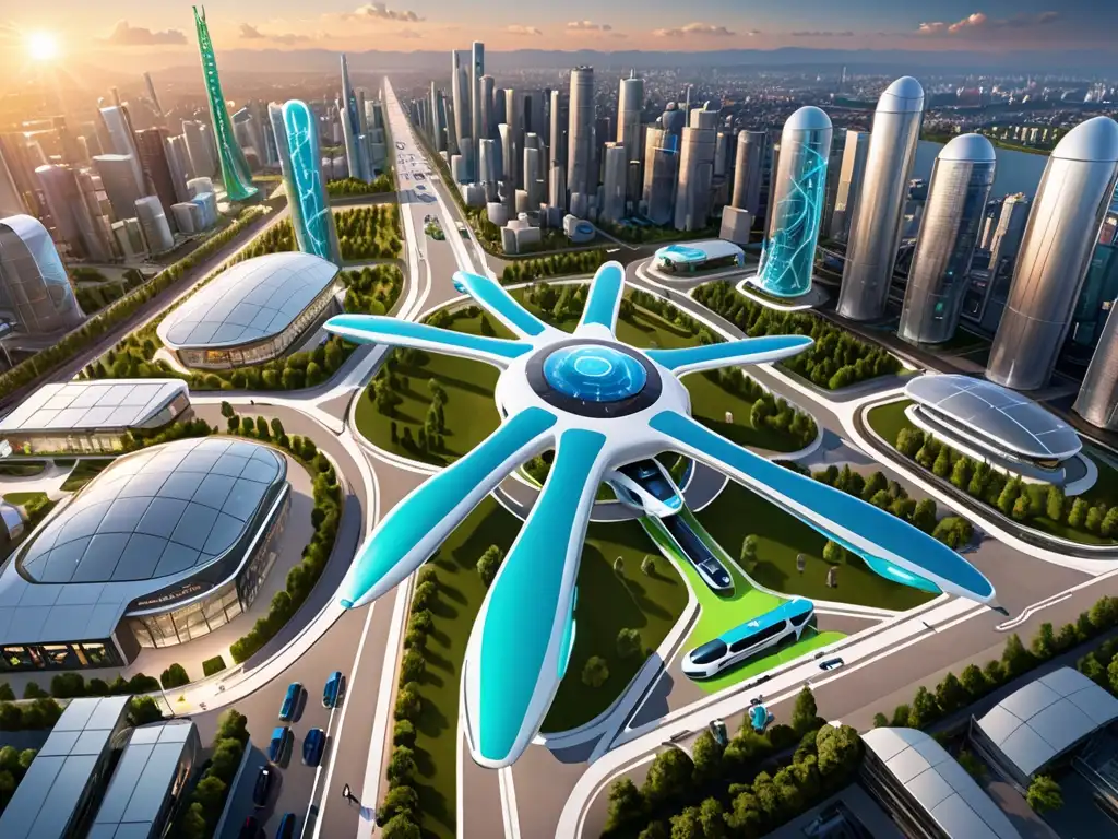 Vista panorámica de una ciudad futurista con estaciones de hidrógeno integradas