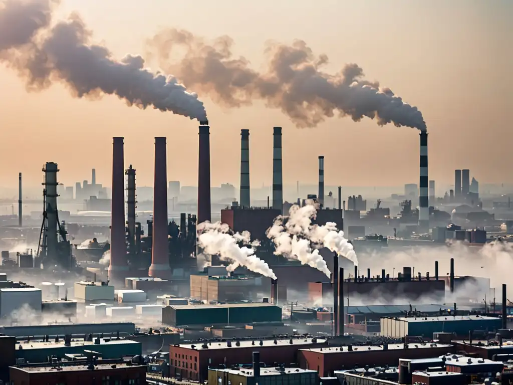 Vista panorámica de la ciudad con humo de chimeneas industriales, resaltando la necesidad de regulación y vigilancia de la calidad del aire