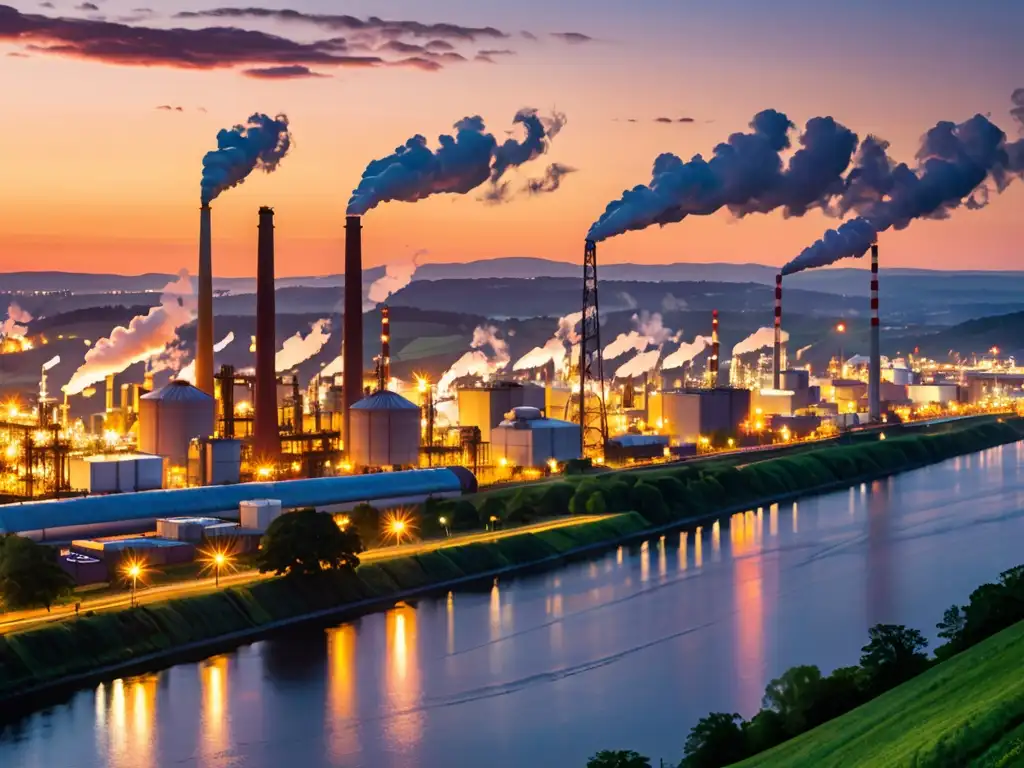 Vista panorámica de una ciudad industrial activa al anochecer, con chimeneas humeantes y luces brillantes de fábricas y plantas de energía, contrastadas con un atardecer vibrante