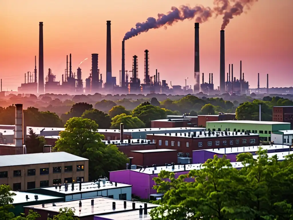 Vista panorámica de una ciudad industrial activa al atardecer, con humeantes chimeneas creando una neblina suave en el cielo naranja y morado