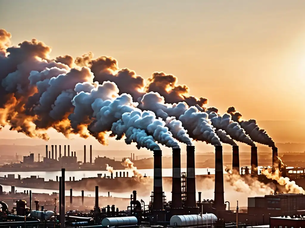 Vista panorámica de una ciudad industrial contaminada al atardecer