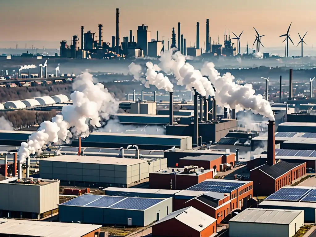 Vista panorámica de una ciudad industrial con fábricas emitiendo humo, contrastando con energía renovable