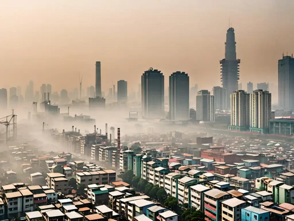 Vista panorámica de una ciudad industrial en Asia, con smog denso sobre el horizonte