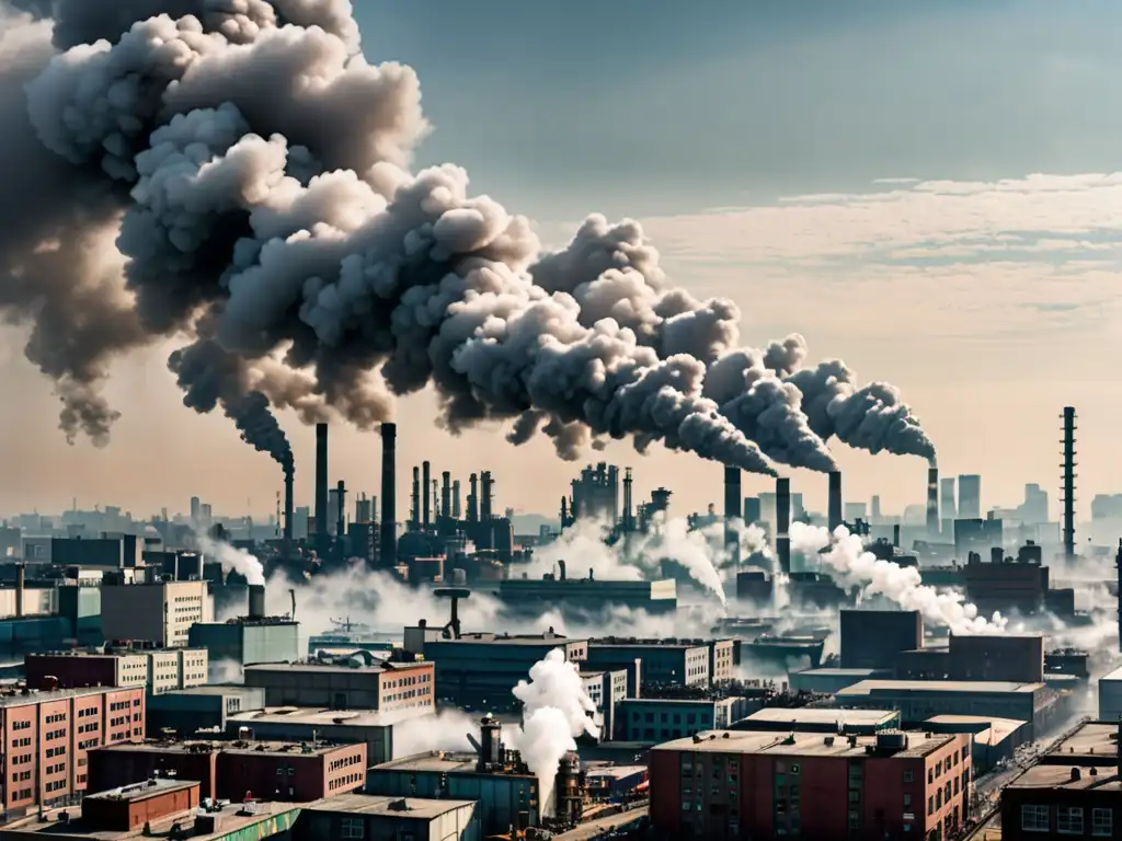 Vista panorámica de una ciudad industrial con fábricas emitiendo humo y vapor, contrastando desarrollo urbano y regulaciones legales sobre emisiones globales