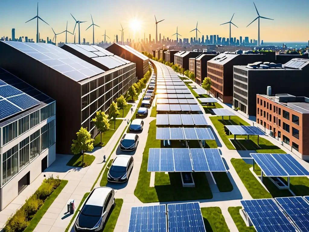 Vista panorámica de una ciudad con infraestructura de energía renovable integrada, destacando paneles solares, turbinas eólicas y vehículos eléctricos