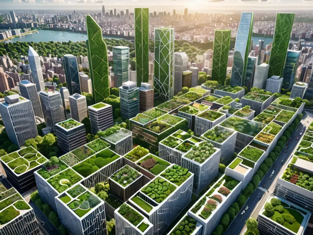 Vista panorámica de la ciudad con innovaciones legales para aire puro, incluyendo zonas verdes y jardines verticales