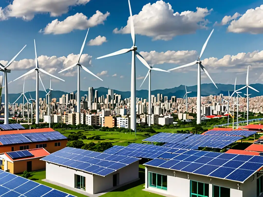 Vista panorámica de ciudad latinoamericana con energía renovable integrada, simbolizando la legislación energías renovables América Latina