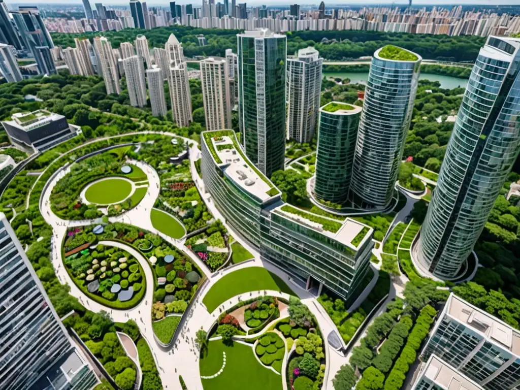 Vista panorámica de la ciudad con limitaciones constructivas y áreas verdes integradas, mostrando armonía entre urbanismo y naturaleza