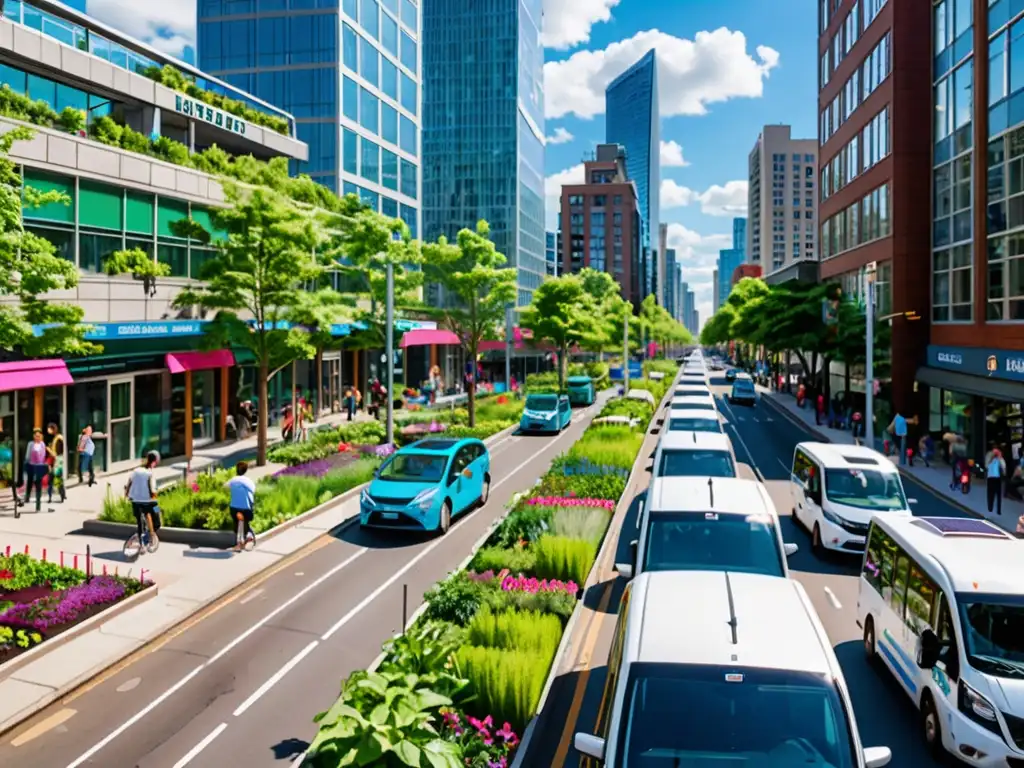 Vista panorámica de una ciudad moderna con edificios sostenibles y transporte ecológico, reflejando leyes financieras sostenibles para medio ambiente