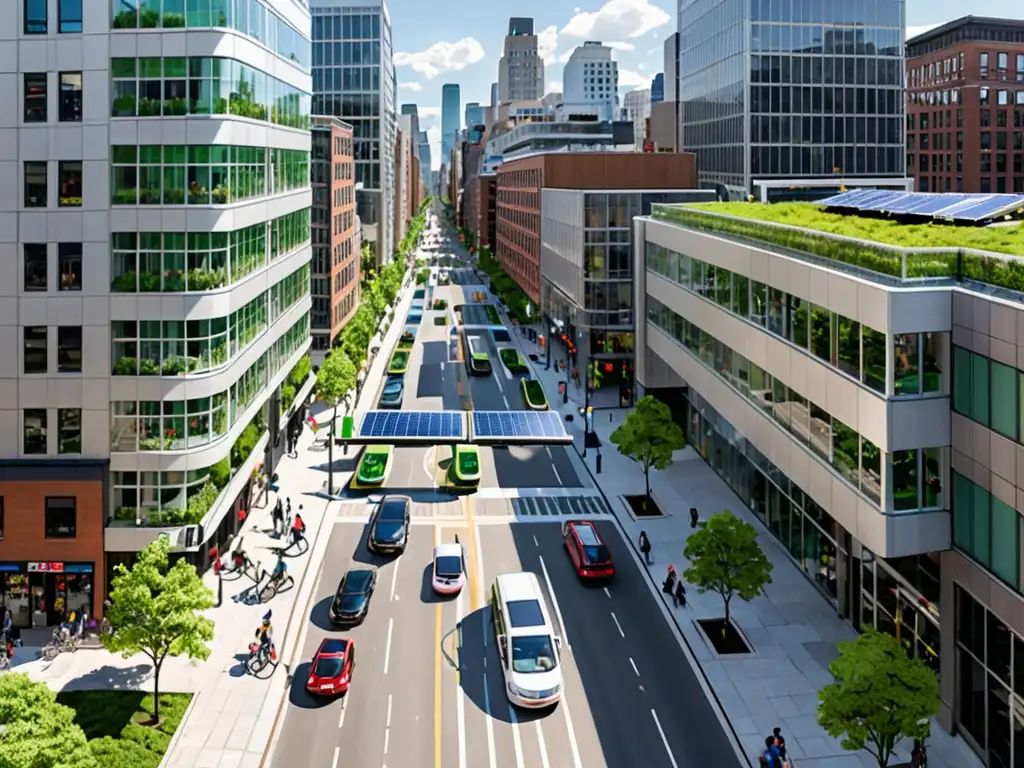 Vista panorámica de una ciudad moderna, con tecnología limpia y normativas internacionales integradas en su infraestructura urbana sostenible