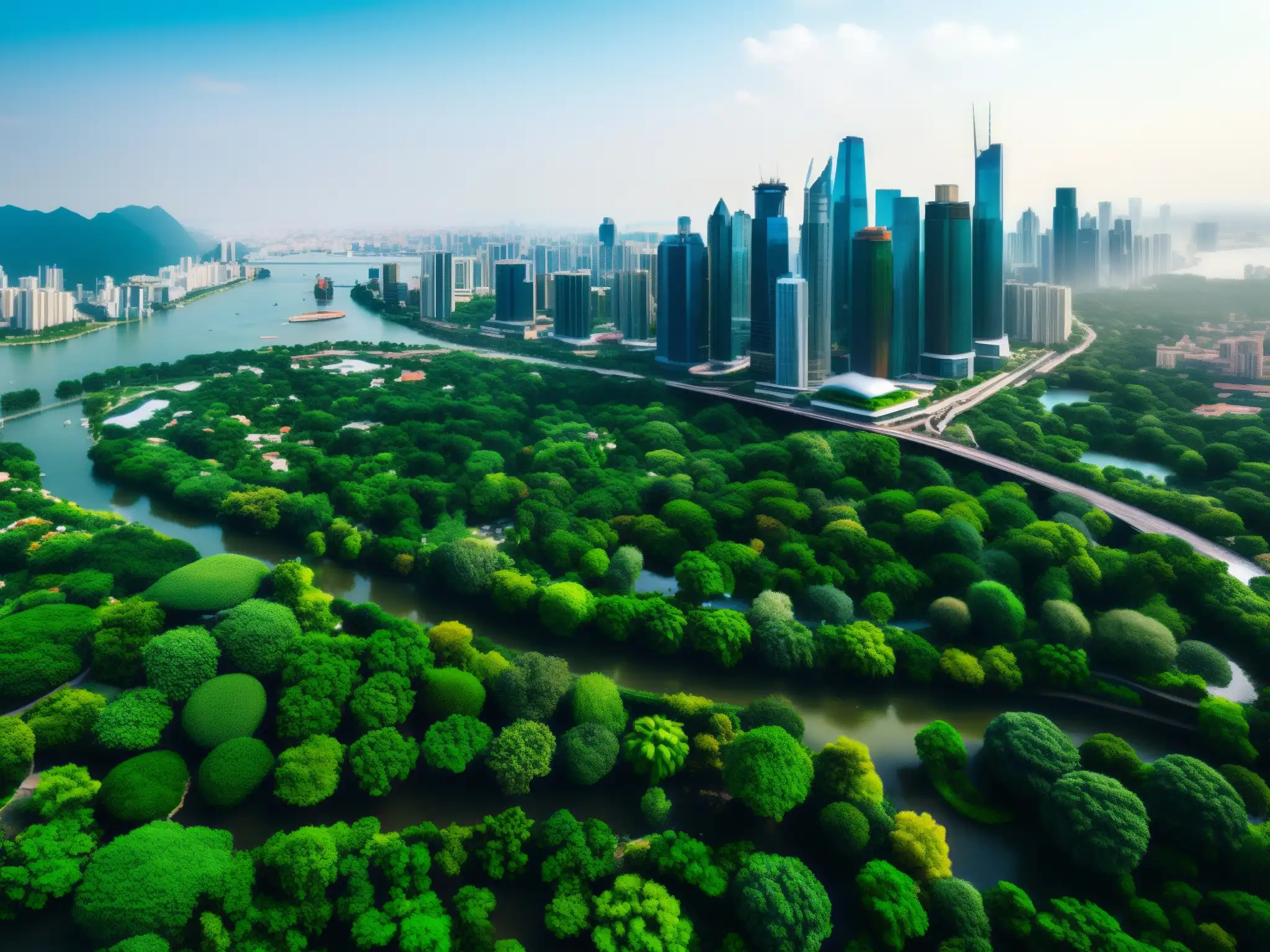 Vista panorámica de una ciudad moderna con rascacielos y calles bulliciosas, rodeada de áreas verdes y cuerpos de agua, simbolizando el impacto de las leyes de cambio climático y la inversión extranjera en el desarrollo urbano sostenible