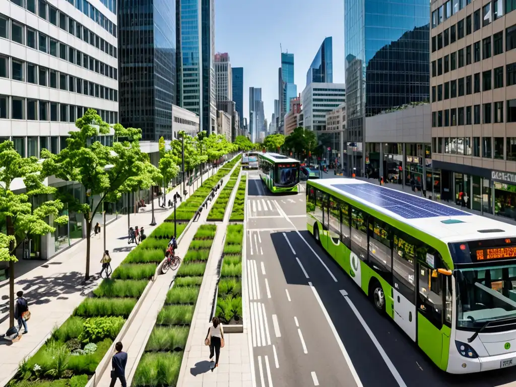 Vista panorámica de una ciudad moderna con edificios energéticamente eficientes, transporte ecológico y compromiso con el cambio climático e inversión extranjera