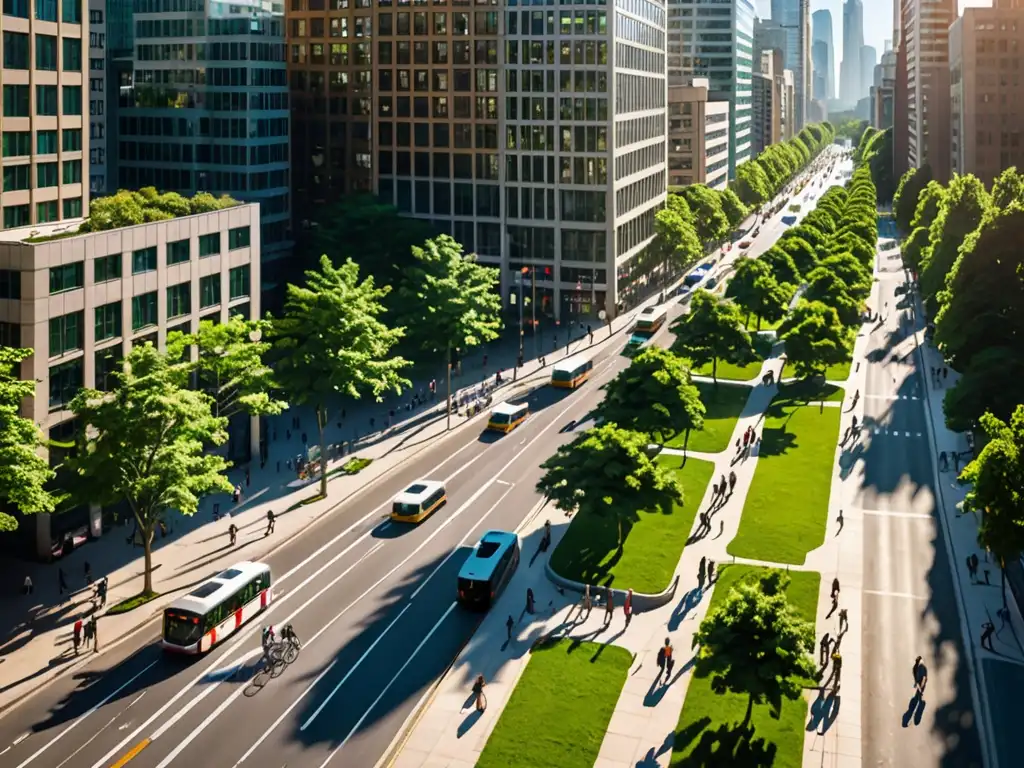 Vista panorámica de una ciudad moderna y verde que muestra una exitosa planificación urbana sostenible bajo el derecho ambiental