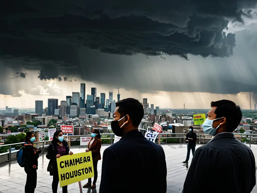 Vista panorámica de la ciudad con nubes de tormenta, activistas ambientales con letreros