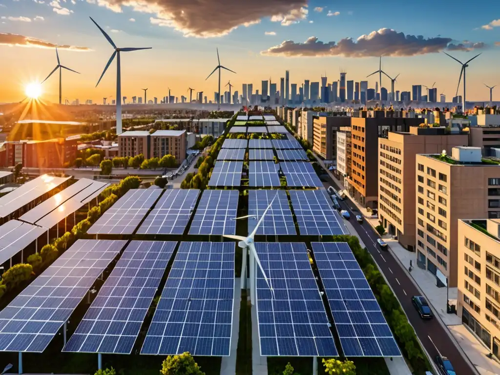 Vista panorámica de la ciudad con paneles solares y turbinas eólicas en los techos, iluminada por el cálido atardecer