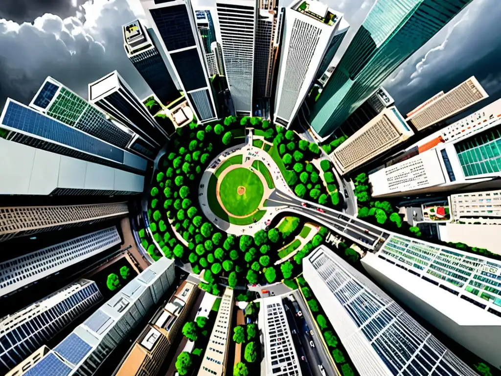 Vista panorámica de una ciudad densamente poblada con rascacielos y espacios verdes, destacando el contraste entre desarrollo urbano y medio ambiente