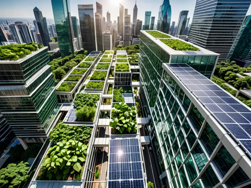 Vista panorámica de ciudad con rascacielos y paneles solares, destacando el contraste entre desarrollo urbano y sostenibilidad ambiental