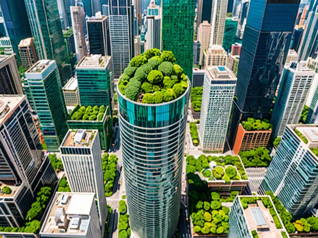 'Vista panorámica de la ciudad con rascacielos y naturaleza, representando la transformación sostenible de empresas y el papel de abogados ambientales