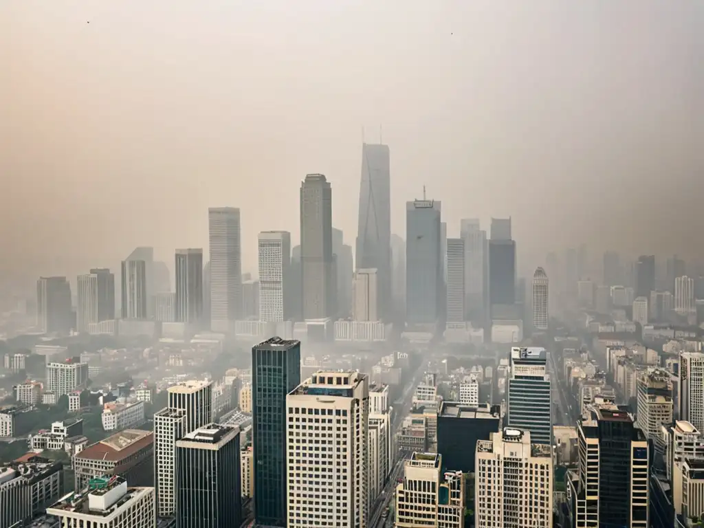 Vista panorámica de una ciudad con rascacielos y edificios antiguos envueltos en una neblina de contaminación