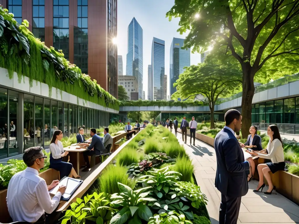 Vista panorámica de una ciudad con rascacielos verdes y vías verdes, simbolizando iniciativas verdes responsabilidad social corporativa