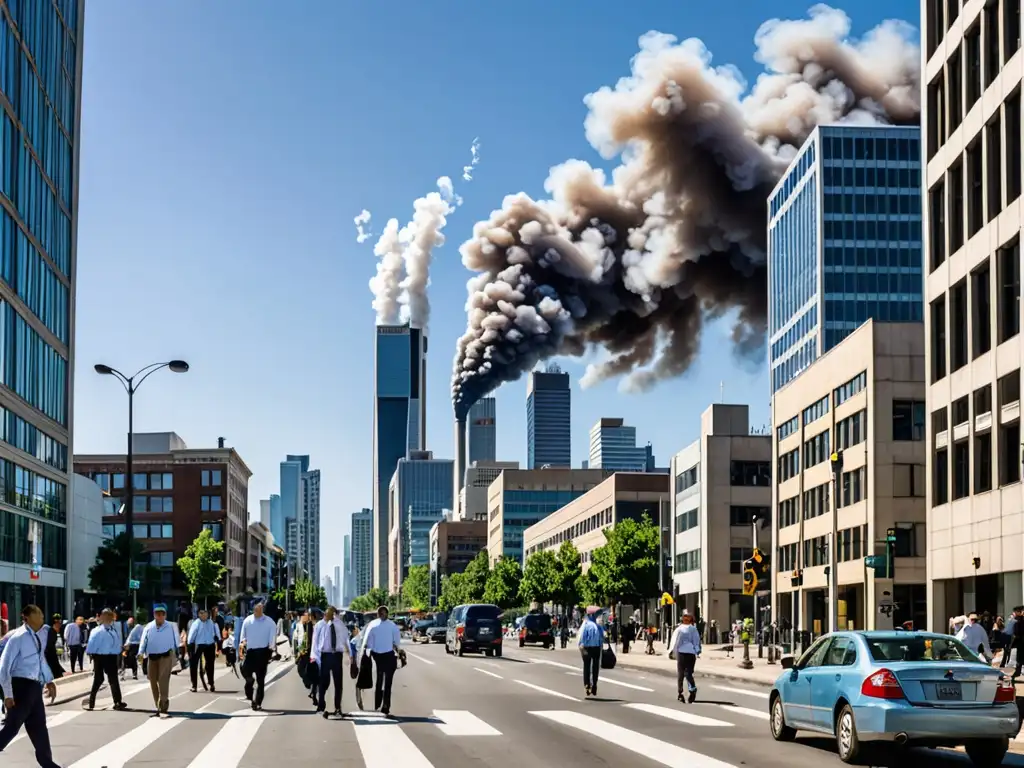 Vista panorámica de la ciudad con rascacielos y oficinas, gente transitando y humo blanco al fondo