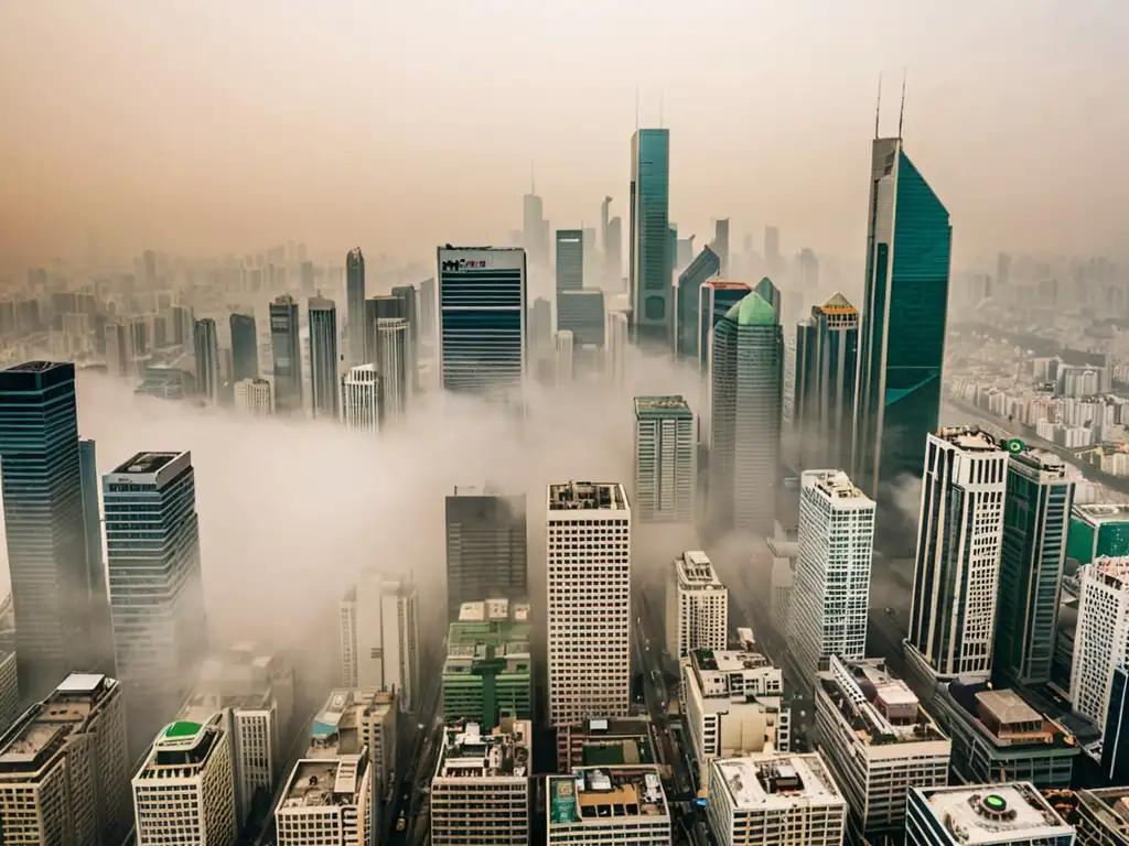 Vista panorámica de una ciudad con rascacielos envueltos en smog, resaltando desafíos ambientales y la necesidad de predicciones en derecho ambiental y cambio climático