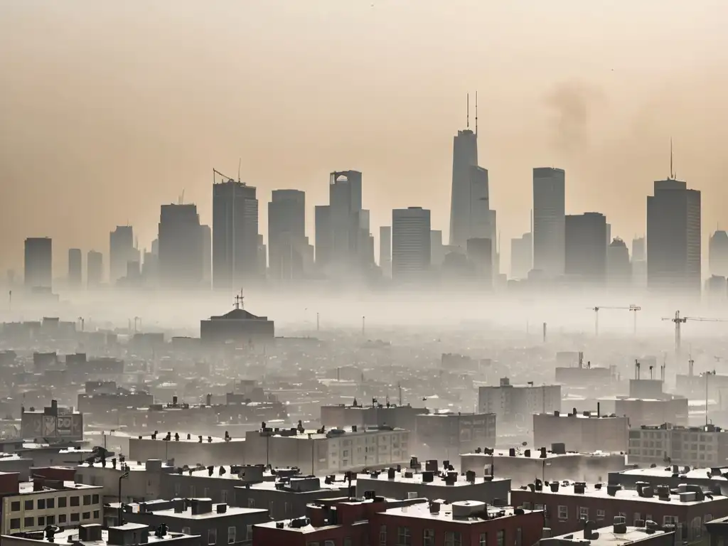 Skyline urbano envuelto en smog: urgencia de aire limpio Vista panorámica de la ciudad con skyline envuelto en smog, destacando la urgencia de Normativas internacionales calidad aire país