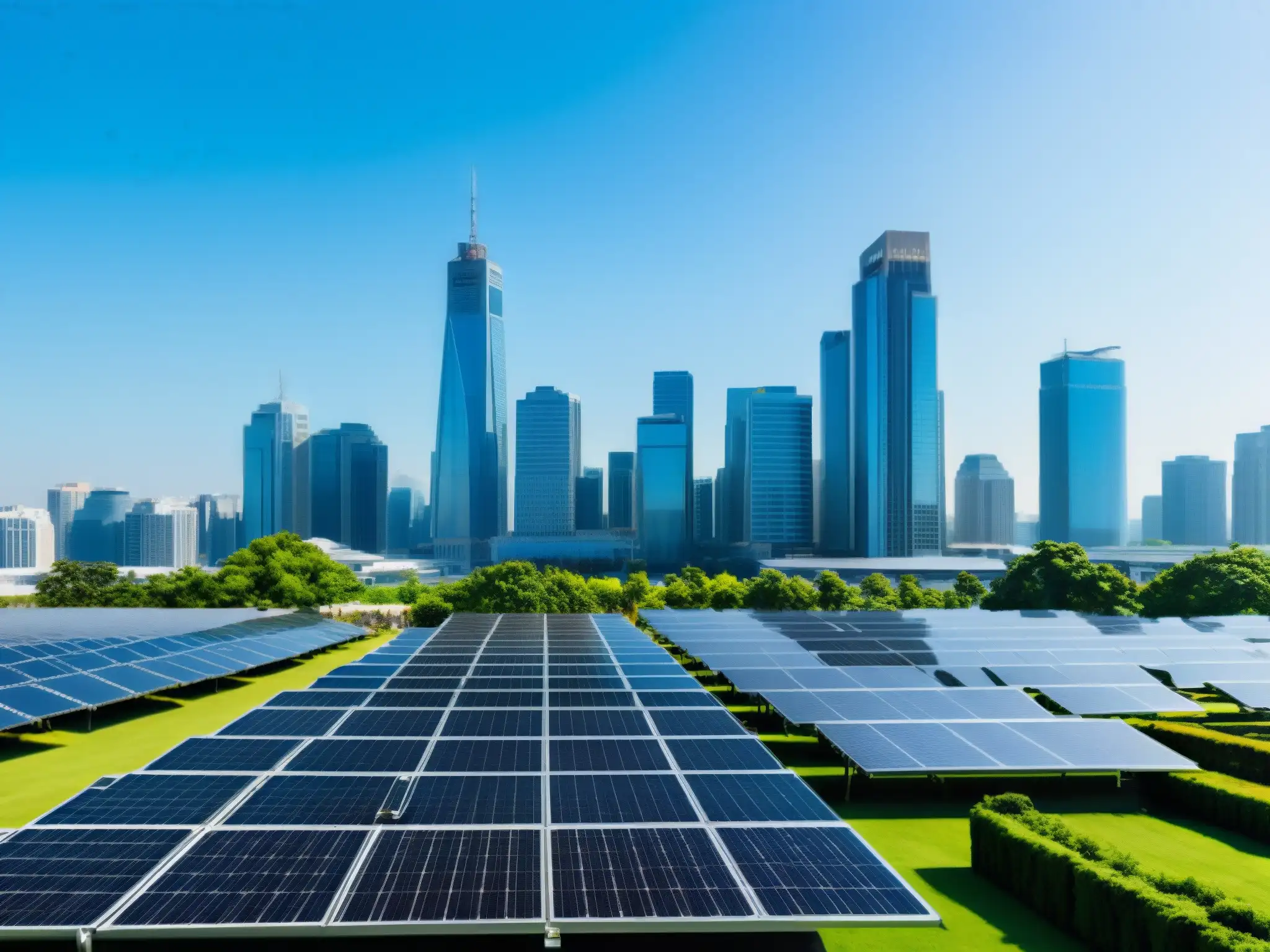 Vista panorámica de una ciudad con smog y edificios corporativos con paneles solares, reflejando las implicaciones legales del Acuerdo de París