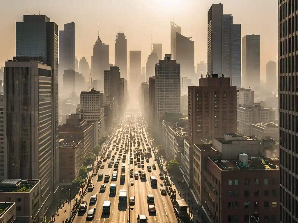 Vista panorámica de una ciudad con smog, mostrando la urgencia de estrategias legales para reducción de emisiones y cambio climático