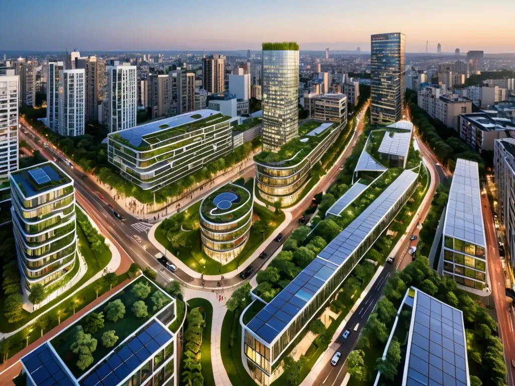 Vista panorámica de una ciudad sostenible al anochecer, resaltando la arquitectura verde, parques y la coexistencia urbana con la naturaleza