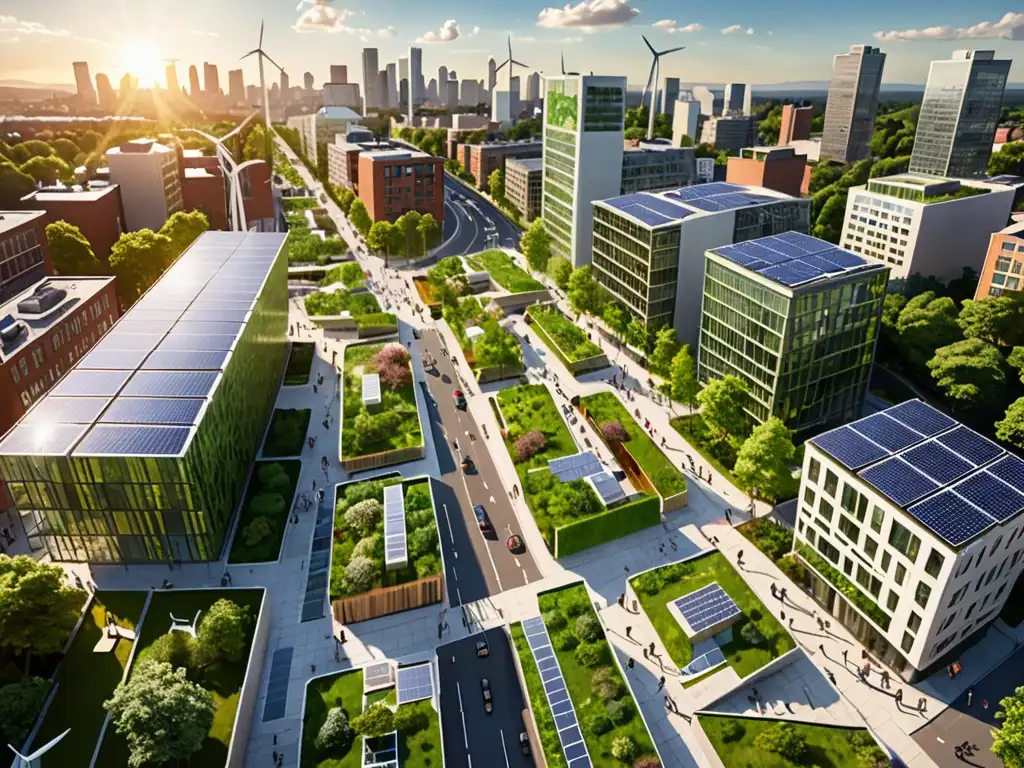 Vista panorámica de una ciudad sostenible con edificios verdes, paneles solares y turbinas eólicas, rodeada de vegetación