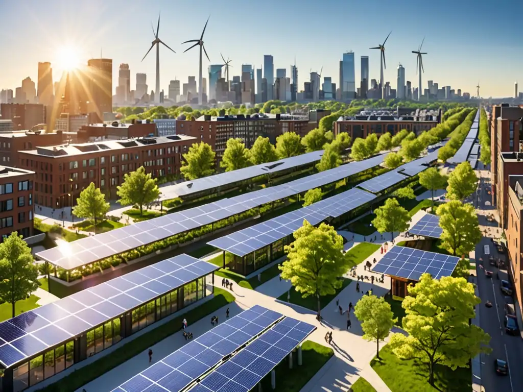 Vista panorámica de una ciudad sostenible con paneles solares, molinos de viento y personas caminando y andando en bicicleta