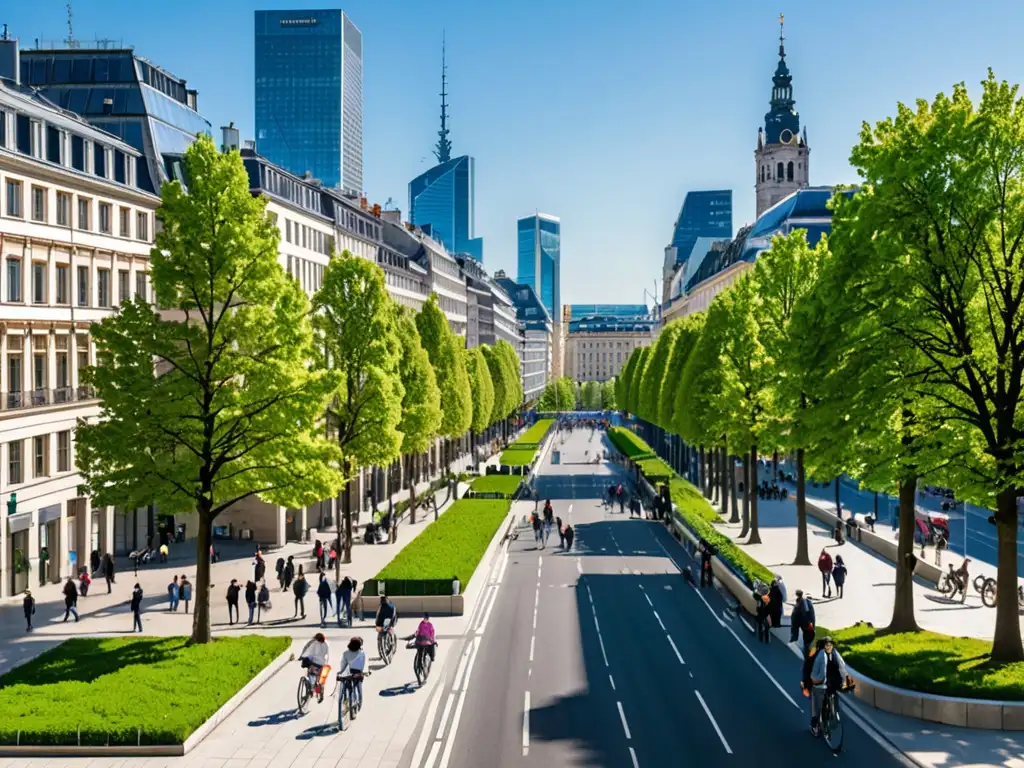 Vista panorámica de una ciudad europea sostenible con cielo azul