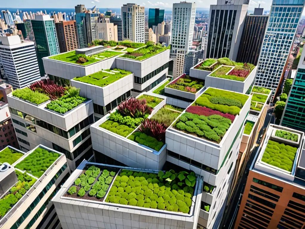 Vista panorámica de la ciudad con techos verdes urbanos integrados, resaltando la armonía entre la naturaleza y el desarrollo urbano