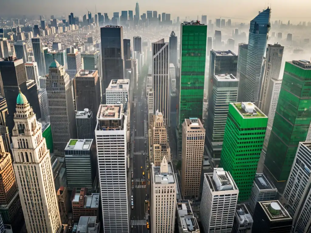 Vista panorámica de una ciudad urbana, con rascacielos modernos y edificios históricos, envuelta en una suave neblina