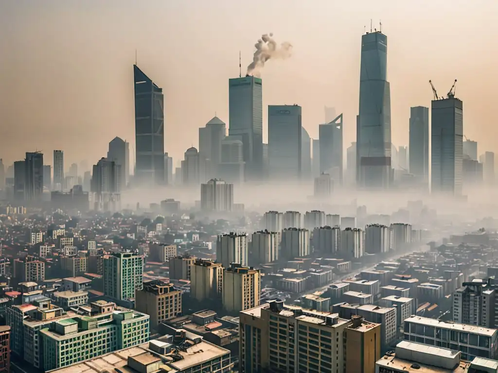 Vista panorámica de una ciudad urbana con rascacielos envueltos en smog, simbolizando el impacto global del régimen de comercio en el cambio climático