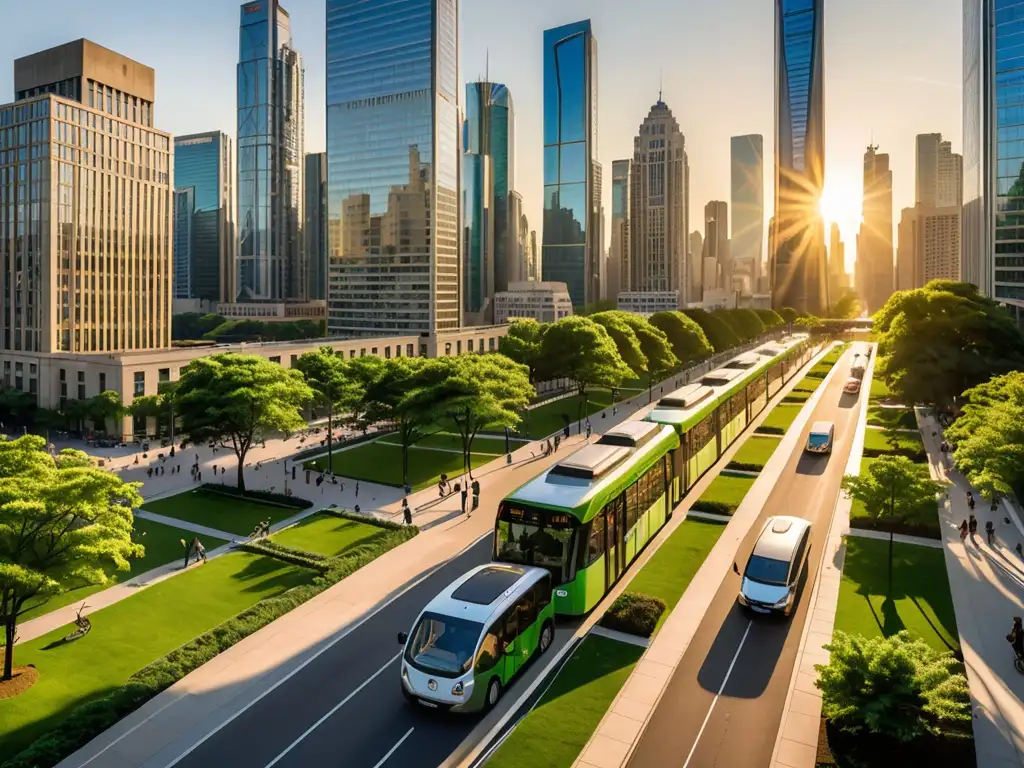 Vista panorámica de una ciudad vibrante con rascacielos y parques verdes, destacando la coexistencia entre desarrollo urbano y conservación ambiental