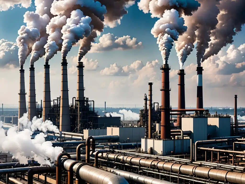 Vista panorámica de complejo industrial contaminante con humeantes chimeneas y atmosfera tóxica