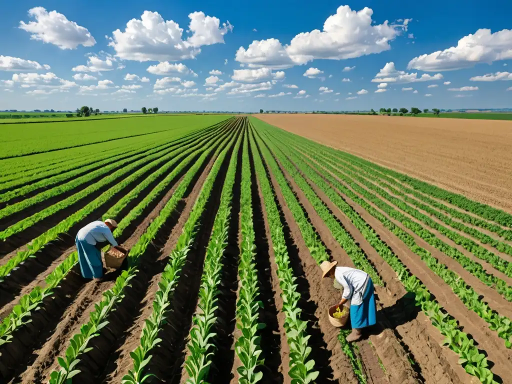 Vista panorámica de cultivos extensos con agricultores trabajando, mostrando el impacto de la legislación ambiental en agricultores