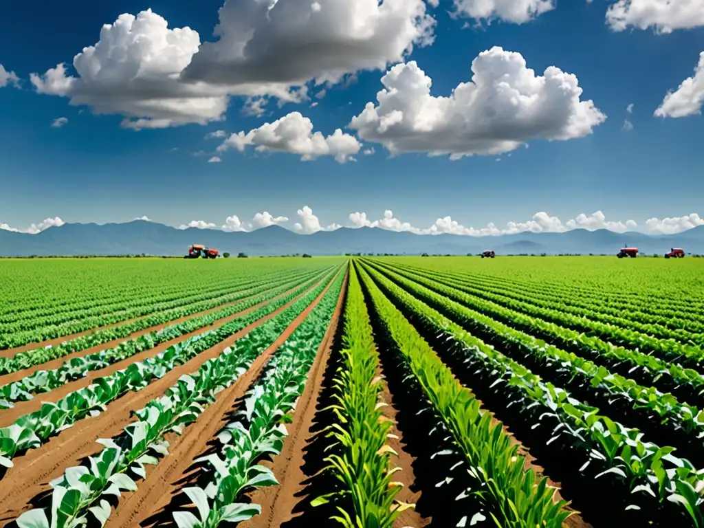 Vista panorámica de cultivos modificados genéticamente en un campo verde exuberante, con agricultores