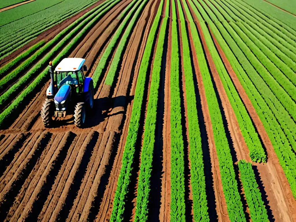 Vista panorámica de cultivos verdes bajo cielo azul, con agricultores y tractor