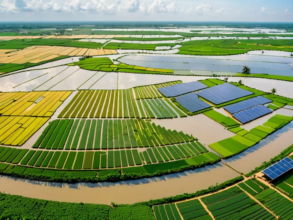 Vista panorámica del Delta del Mekong en Vietnam, con agricultura tradicional y paneles solares, resaltando la legislación ambiental y el cambio climático en Vietnam