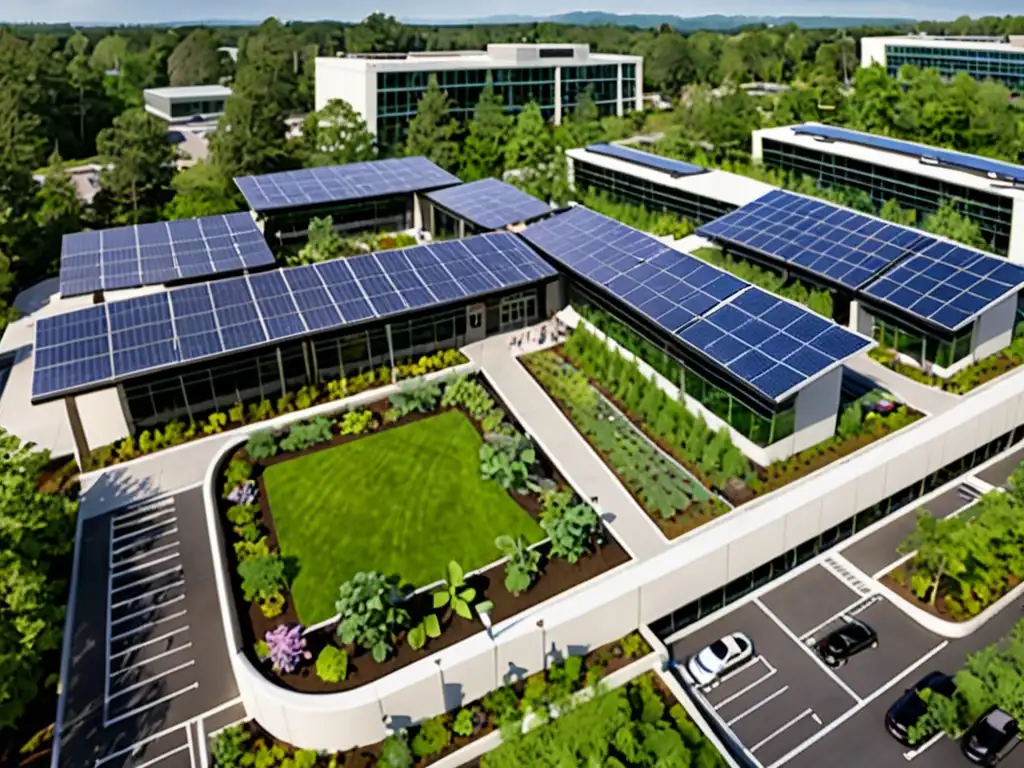 Vista panorámica de edificio corporativo moderno rodeado de vegetación, paneles solares, empleados y estaciones de carga para autos eléctricos