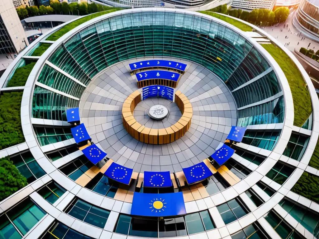 Vista panorámica del Parlamento Europeo en Bruselas, con su arquitectura moderna y bandera de la UE ondeando